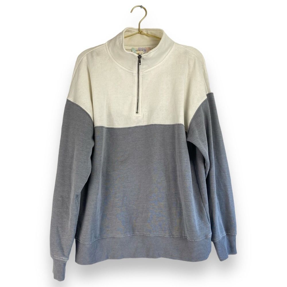 Hippie‎ Rose Women's Sweater Size L 1/4 Zip Color Block White Gray Pullover 159